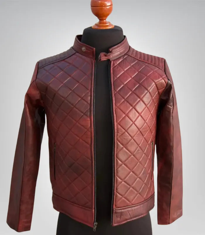 Men's Vintage Burgundy Red Leather Jacket Handmade Motorcycle Biker Coat with Diamond Quilted Design Genuine Leather Party Jacket