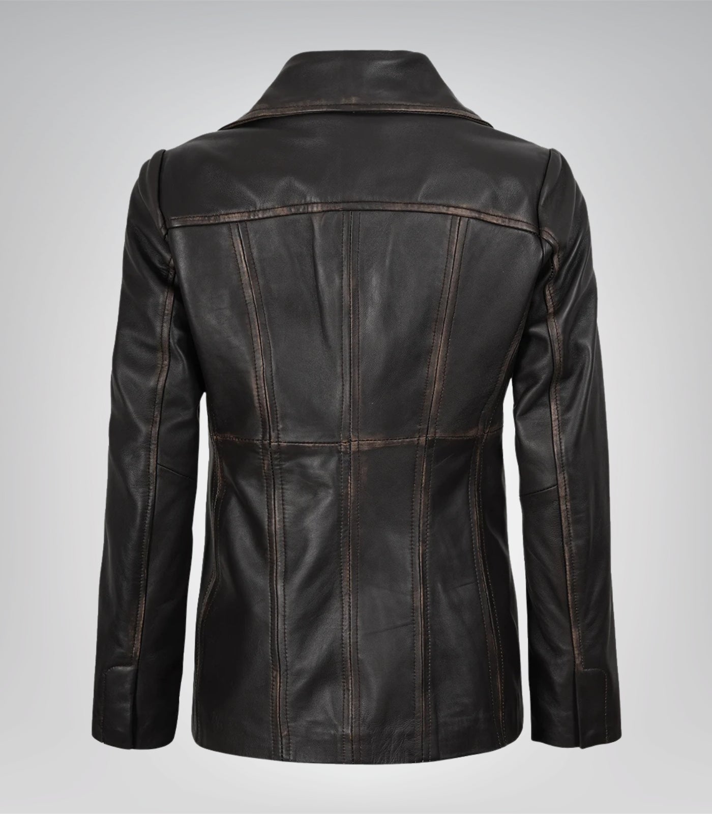 Stylish women’s distressed brown leather blazer crafted from lambskin