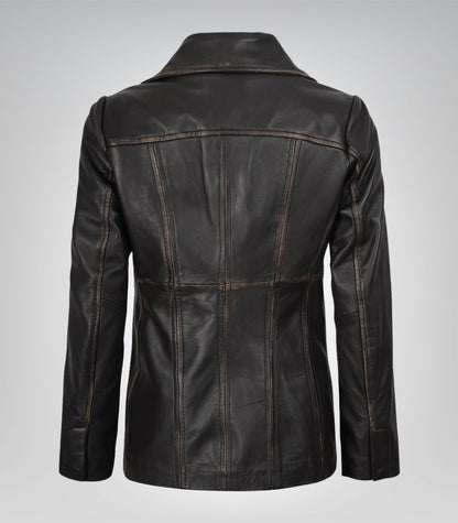 Stylish women’s distressed brown leather blazer crafted from lambskin