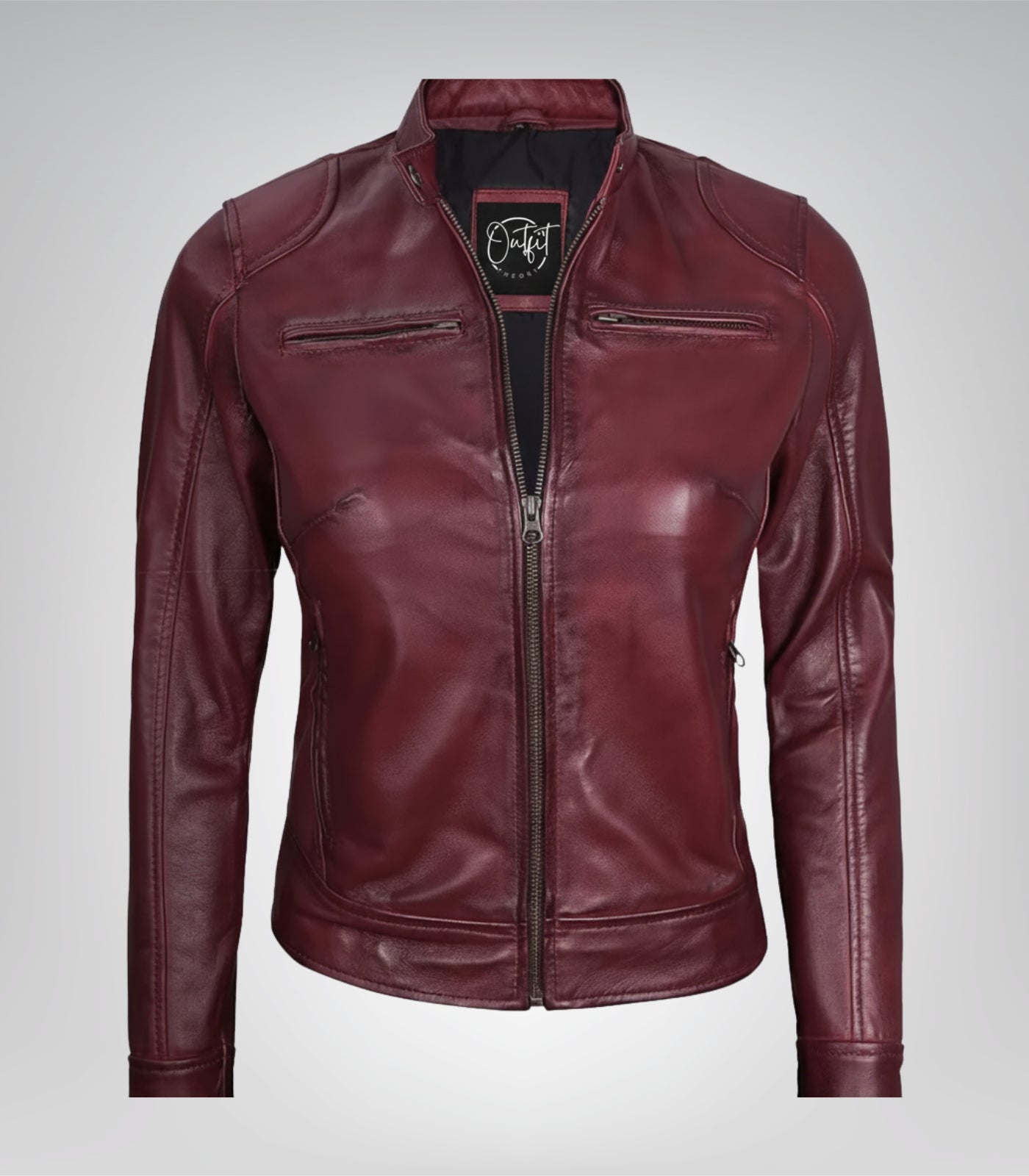 Stylish women’s burgundy leather biker jacket