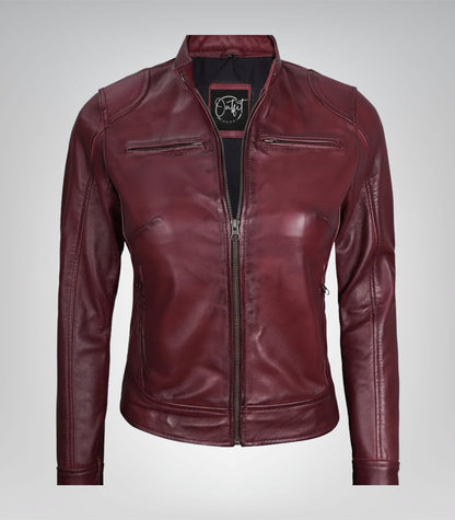 Stylish women’s burgundy leather biker jacket