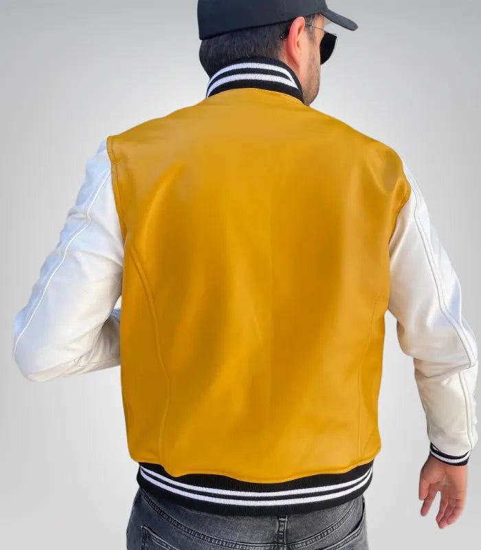 Yellow leather letterman jacket for men – durable casual sports outerwear