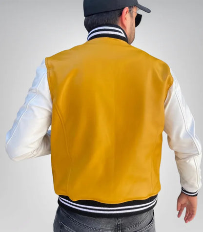 Yellow leather letterman jacket for men – durable casual sports outerwear