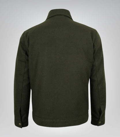 Stylish men’s olive green wool military jacket with zip-up design