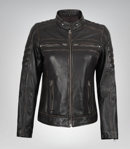 Stylish women’s distressed brown leather biker jacket