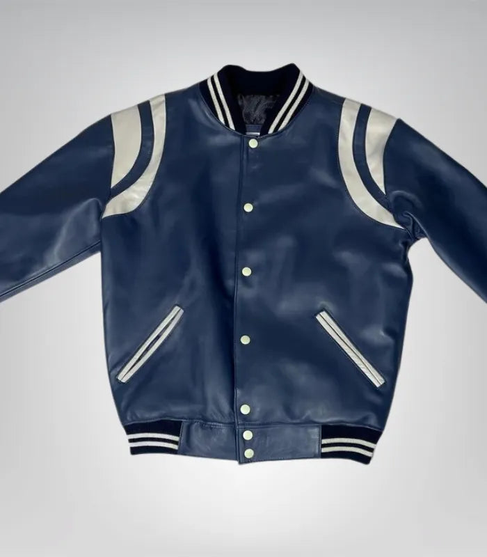 Classic men’s navy blue sports leather jacket – varsity bomber style