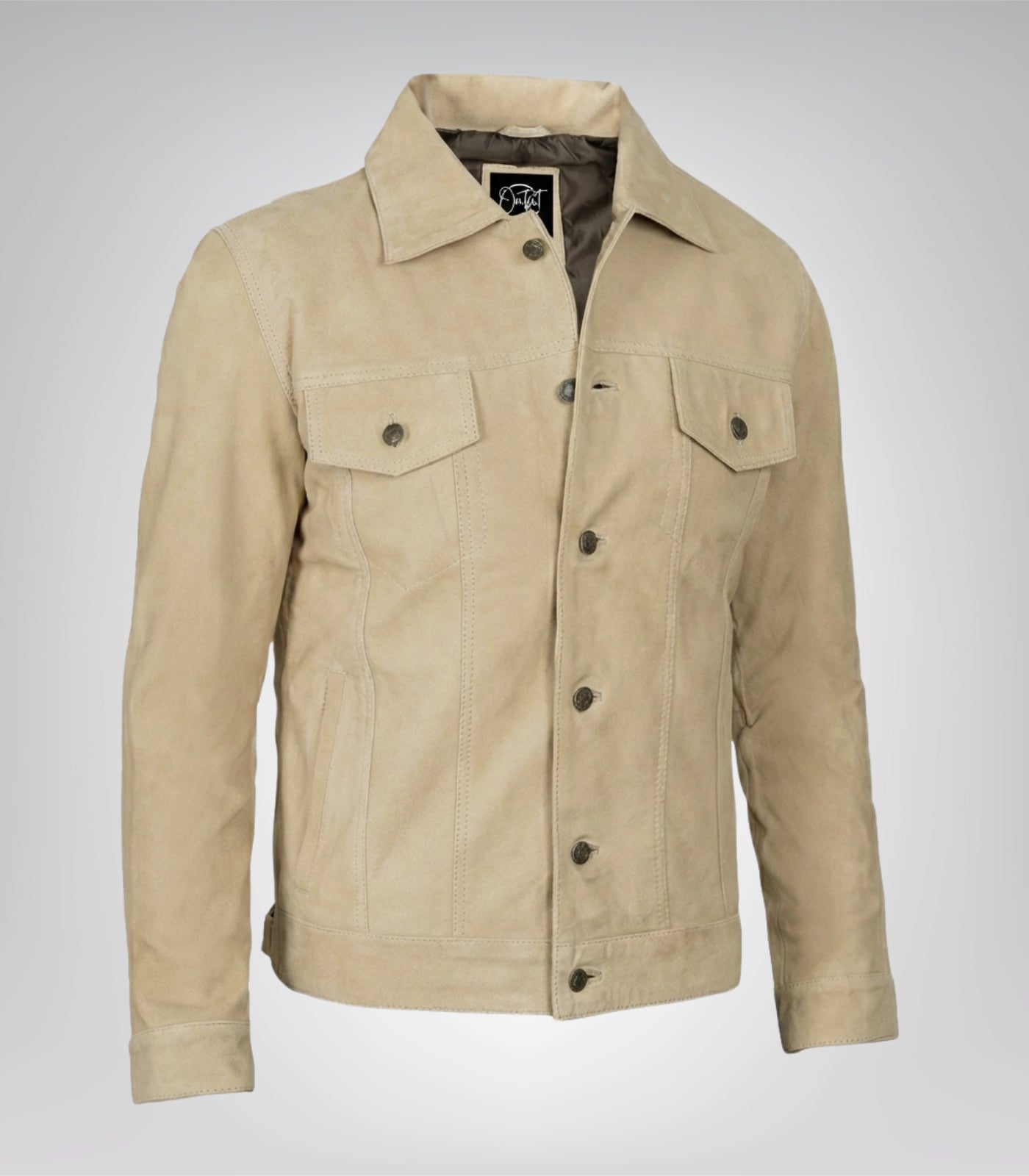Men’s Classic Camel Real Suede Trucker Jacket Button Front Casual Style