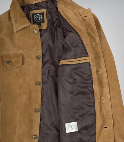 Men’s Real Suede Tan Trucker Jacket Classic Button Front Style