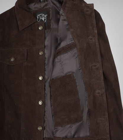 Men’s Real Suede Dark Brown Trucker Jacket Classic Button Front Style