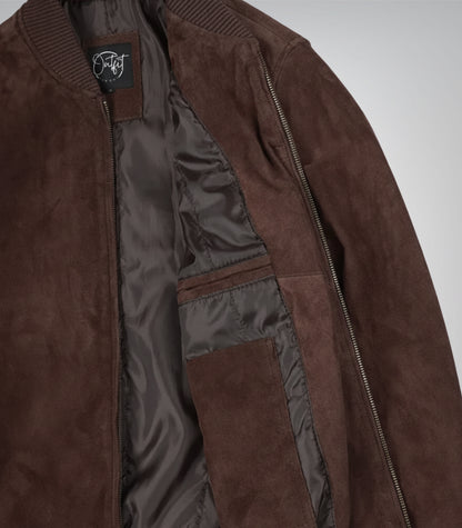 Men’s Dark Brown Real Suede Bomber Jacket Classic Zip Front Style