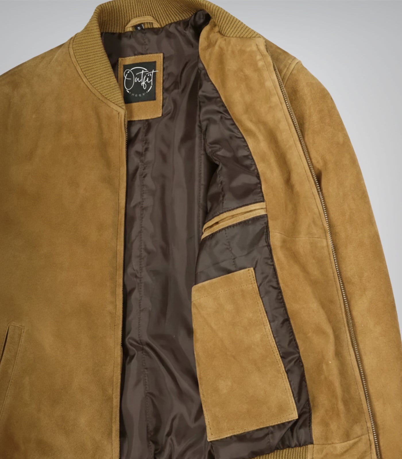 Men’s Light Brown Real Suede Bomber Jacket Classic Zip Front Style