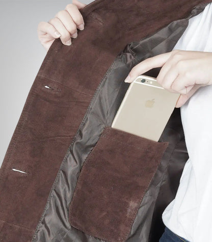 Women’s Dark Brown Suede Button-Down Coat 3/4 Length Real Suede Jacket
