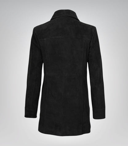 Women’s Black Suede Button-Down Coat 3/4 Length Real Suede Jacket
