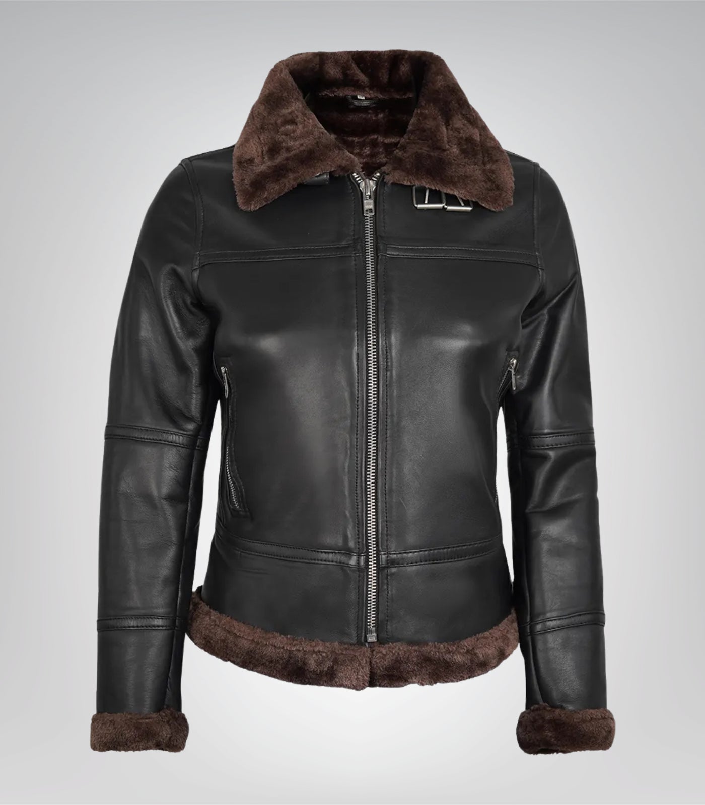 Stylish women’s dark brown leather bomber jacket with shearling lining