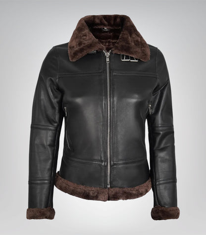 Stylish women’s dark brown leather bomber jacket with shearling lining
