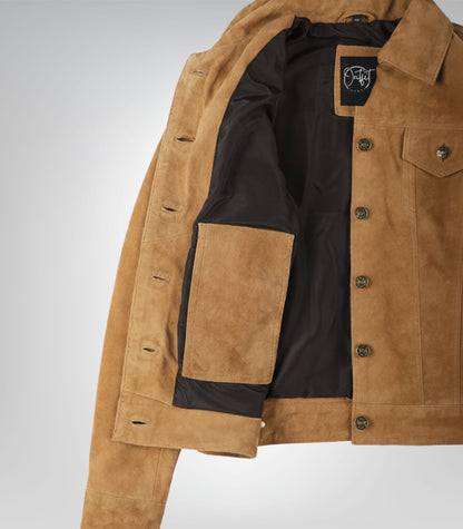 Women’s Light Brown Suede Trucker Jacket Real Suede Button-Front Jacket