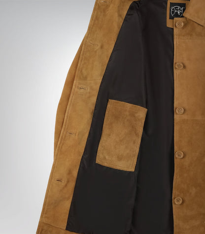 Women’s 3/4 Length Camel Brown Suede Button-Down Coat Real Suede Jacket
