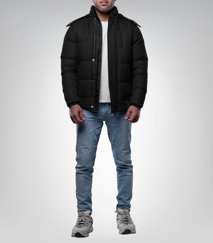 Desmond Men’s Black Puffer Jacket with Faux Fur Hood Lightweight Water-Resistant Winter Coat