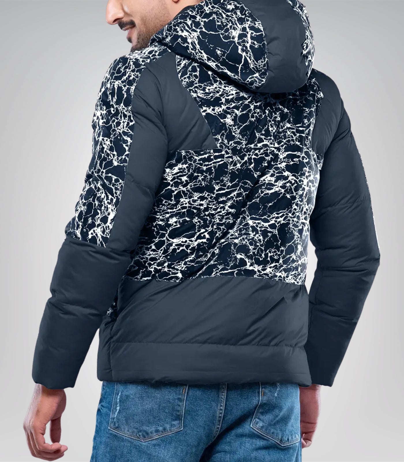 Karter Men’s Duck Down Navy Blue Patterned Puffer Jacket with Hood 700 Fill Power Insulated Winter Coat