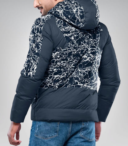 Karter Men’s Duck Down Navy Blue Patterned Puffer Jacket with Hood 700 Fill Power Insulated Winter Coat