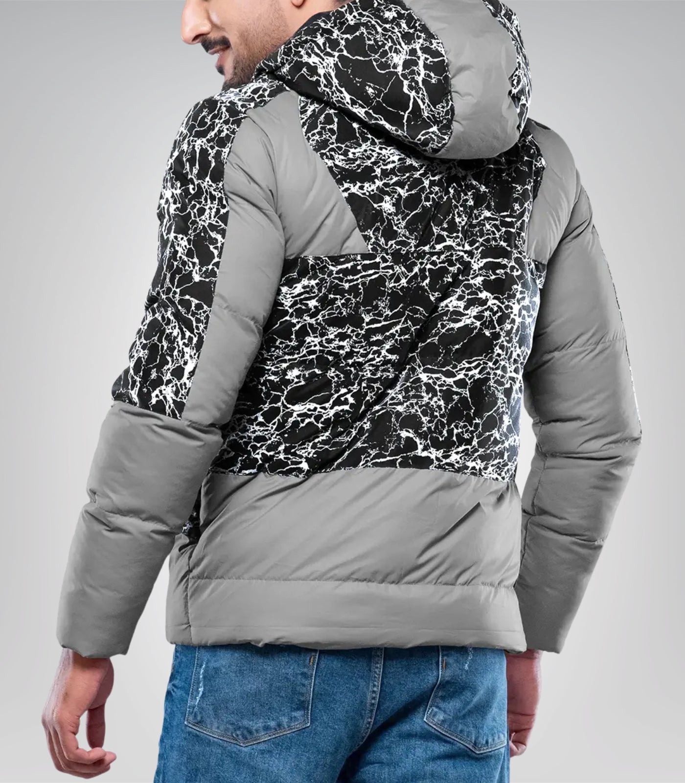 Karter Men’s Duck Down Light Gray Patterned Puffer Jacket with Hood 700 Fill Power Insulated Winter Coat