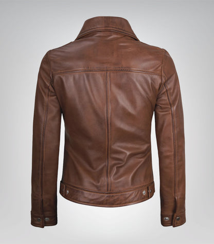 Stylish women’s cognac leather jacket with shirt-collar Harrington style