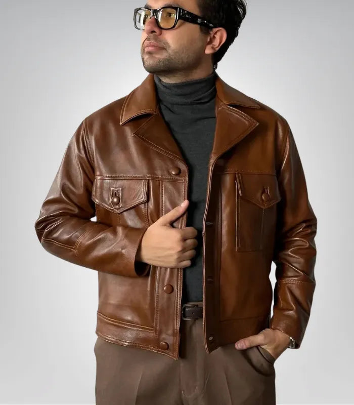 Men’s 90s retro café racer jacket – old-school brown sheepskin biker outerwear