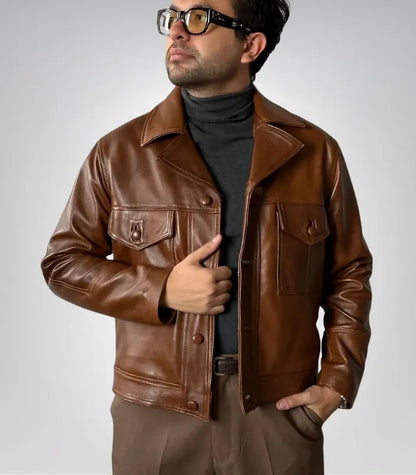 Men’s 90s retro café racer jacket – old-school brown sheepskin biker outerwear
