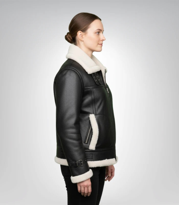 Women’s B-3 Black Sheepskin Leather Bomber Jacket – Classic Aviator Style