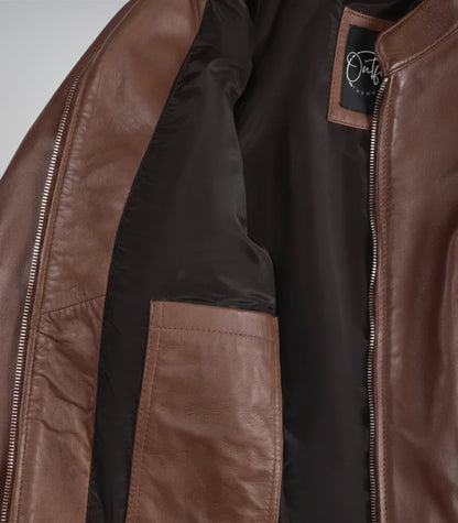 Stylish women’s cognac waxed leather motorcycle jacket