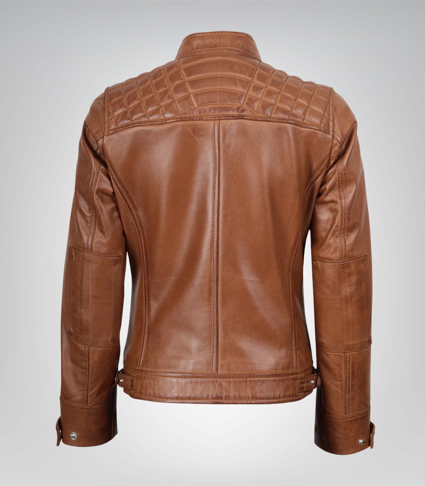 Stylish women’s tan leather moto jacket in lambskin with quilted panels