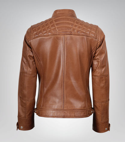 Stylish women’s tan leather moto jacket in lambskin with quilted panels