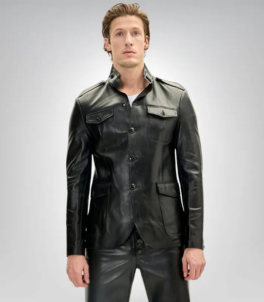 Men’s black lambskin leather shirt jacket – slim-fit biker style