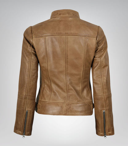 Stylish Amy women’s camel brown leather biker jacket design