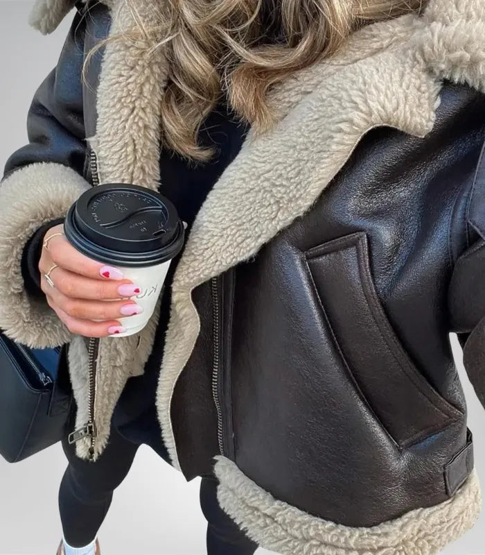 Women’s Brown B3 Bomber Jacket – Faux Shearling Leather, Double-Collared Pilot Jacket, Winter Gift