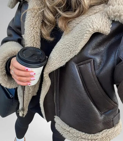 Women’s Brown B3 Bomber Jacket – Faux Shearling Leather, Double-Collared Pilot Jacket, Winter Gift