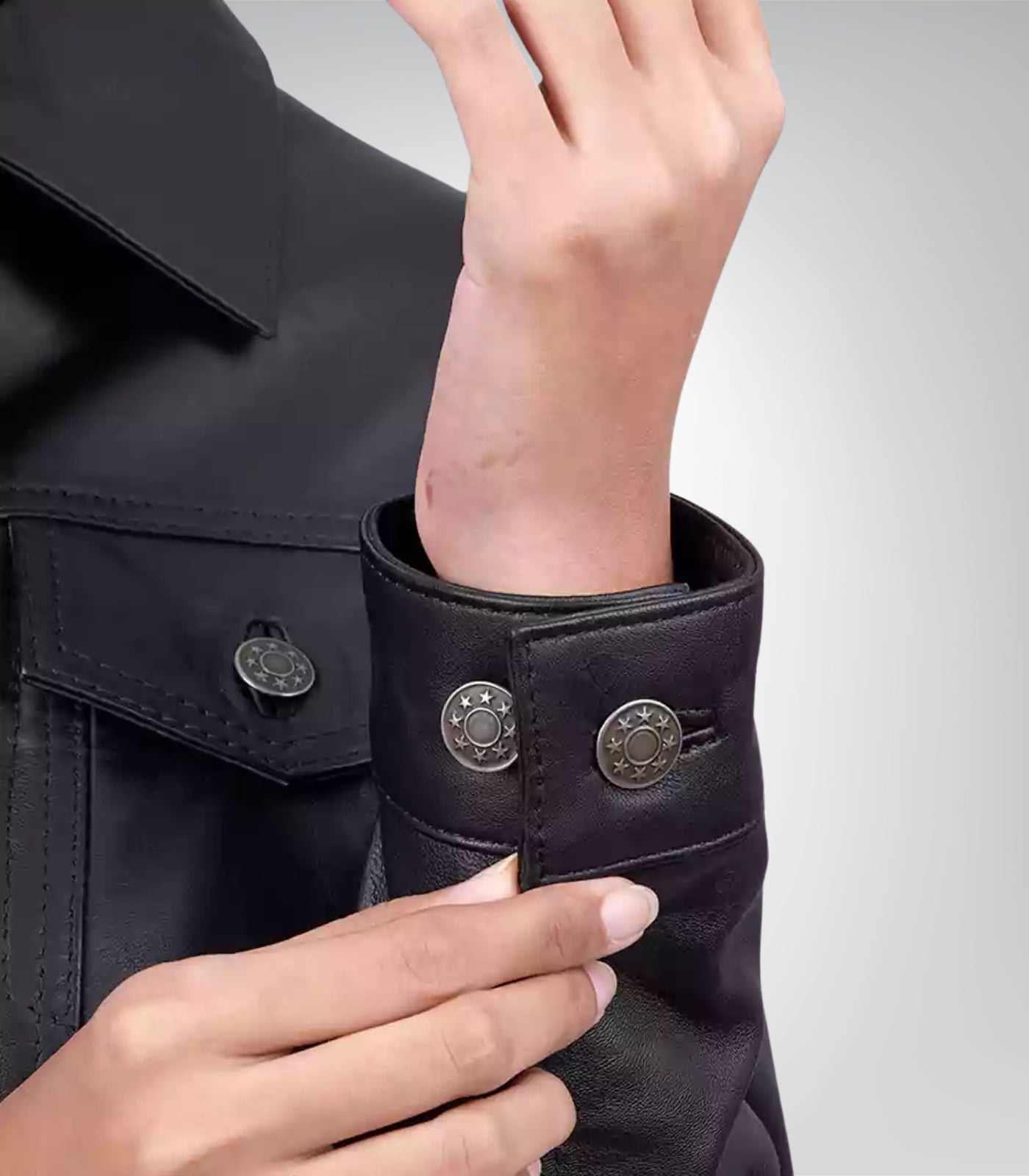 Stylish women’s black lambskin leather trucker jacket with functional pockets