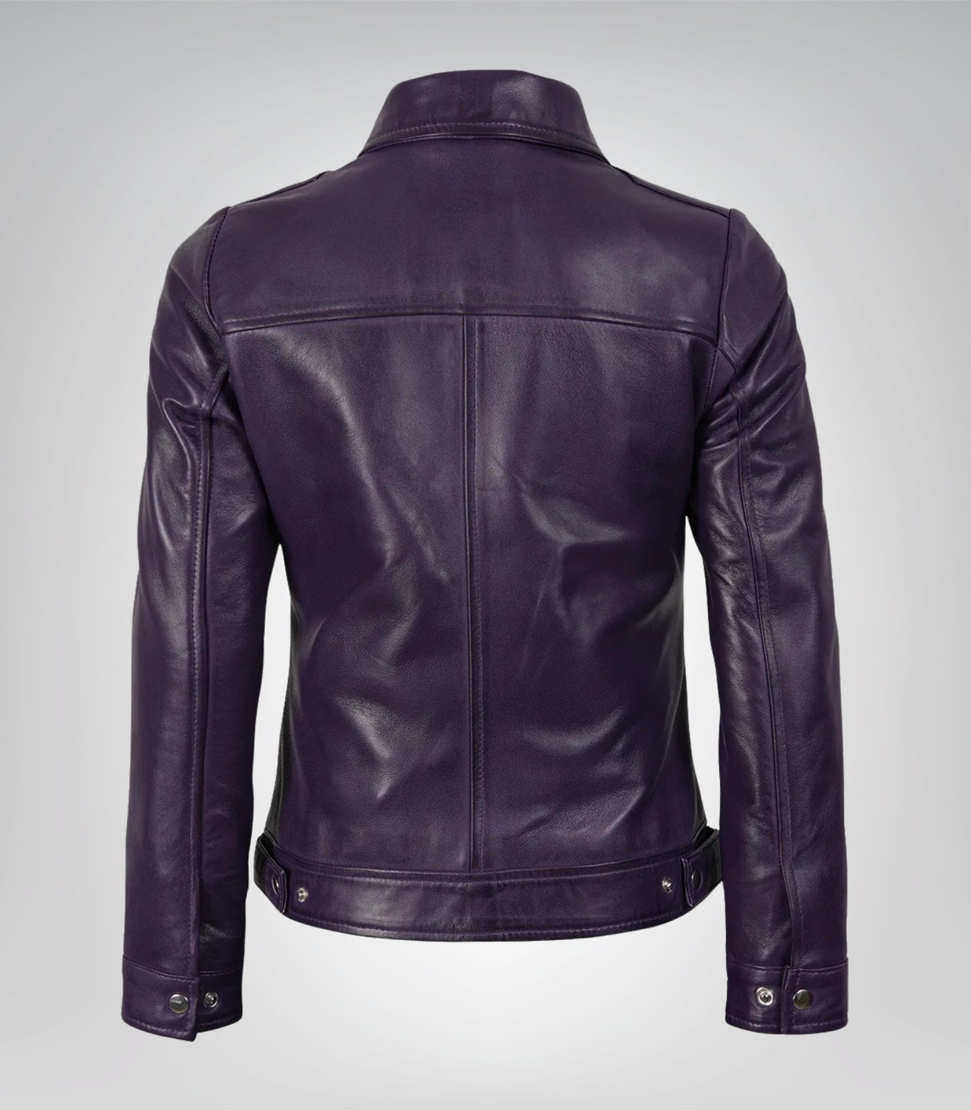 Stylish women’s purple leather moto jacket with collar detailing