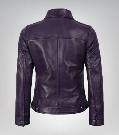 Stylish women’s purple leather moto jacket with collar detailing