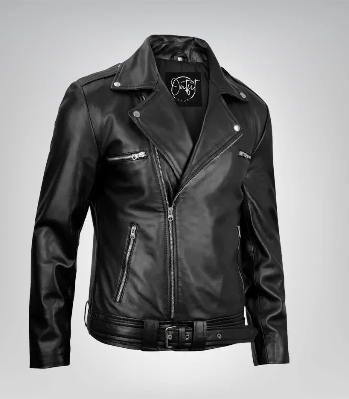 Stylish Negan men’s biker jacket made from genuine black leather with belted waist detail
