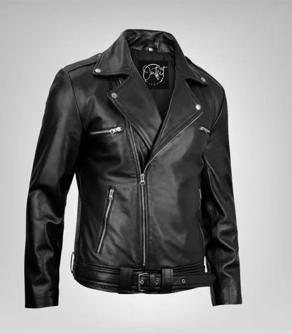 Stylish Negan men’s biker jacket made from genuine black leather with belted waist detail