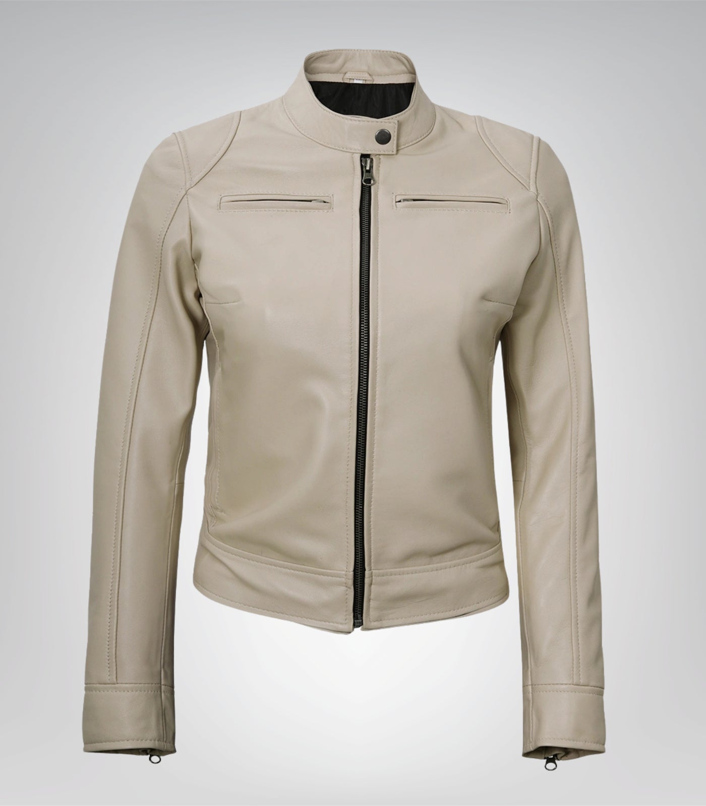 Stylish women’s beige leather moto jacket with Dodge-inspired details