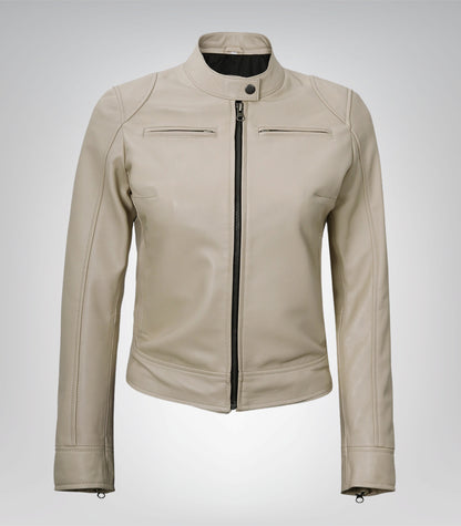 Stylish women’s beige leather moto jacket with Dodge-inspired details