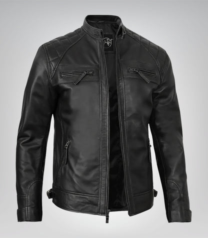 Men’s durable real leather motorcycle jacket in timeless black finish