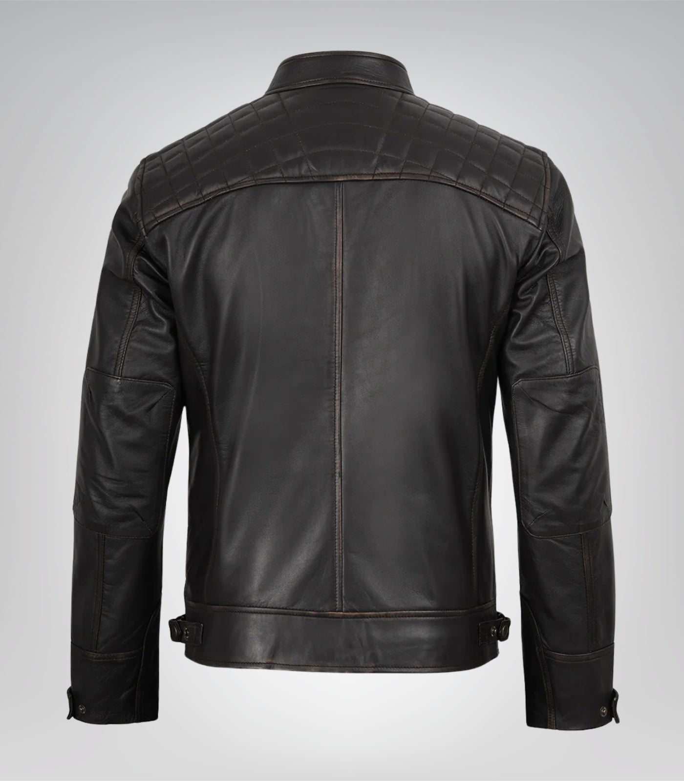 Men’s vintage-style distressed brown leather jacket with quilted shoulders