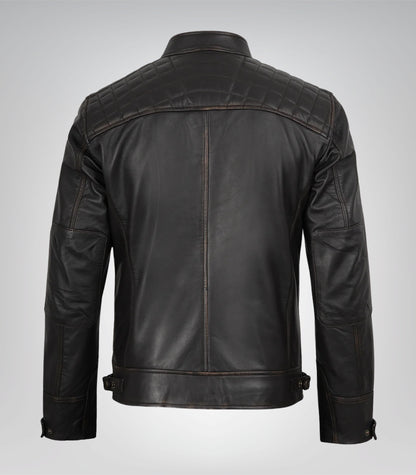 Men’s vintage-style distressed brown leather jacket with quilted shoulders