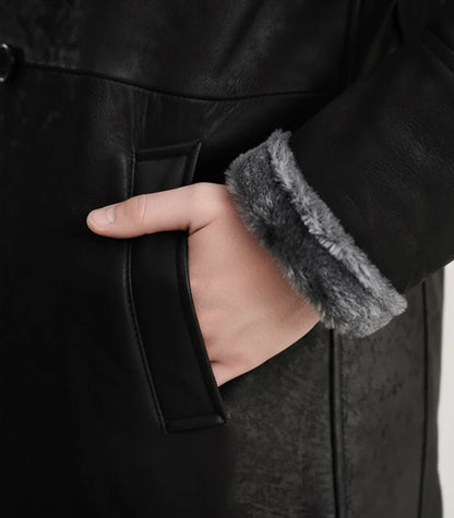 Charles Distressed Black Leather Shearling Double-Breasted Coat