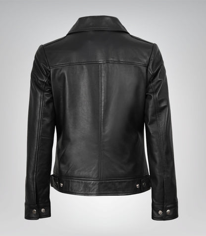Stylish women’s black leather Harrington jacket featuring a shirt collar