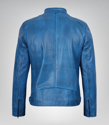 Handcrafted Blue Biker Jacket for Men in Real Leather