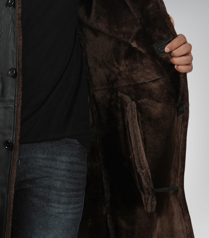 Men’s 3/4 Length Genuine Black Leather Coat with Brown Shearling Lining